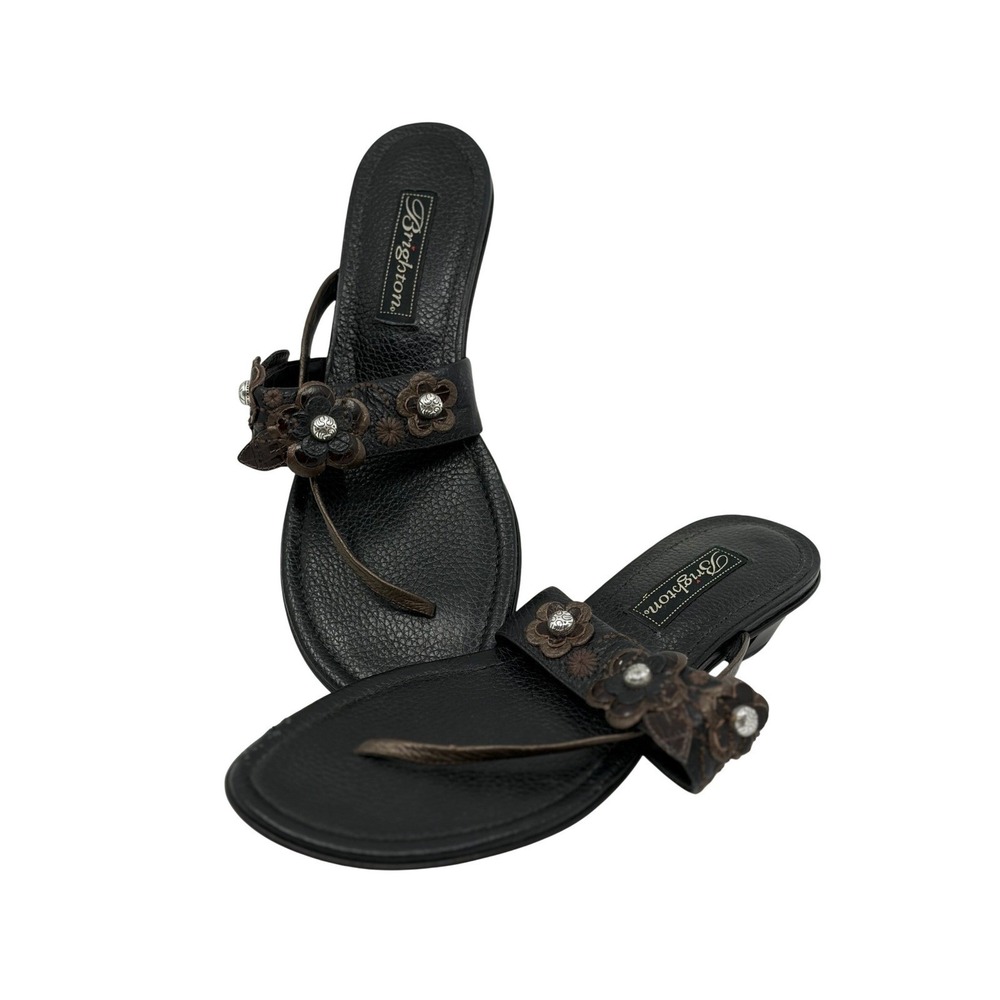 Brighton Lavonn Womens Brown Black Leather Floral Thong‎ Sandals Studded  7.5 N